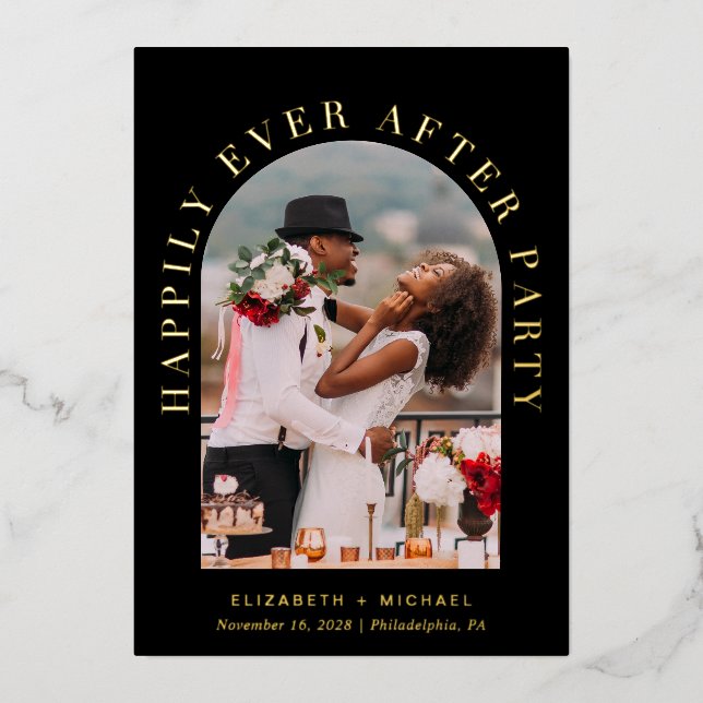 Invitation En Aluminium Elégant Arc Photo Mariage Réception Black Gold (Recto)