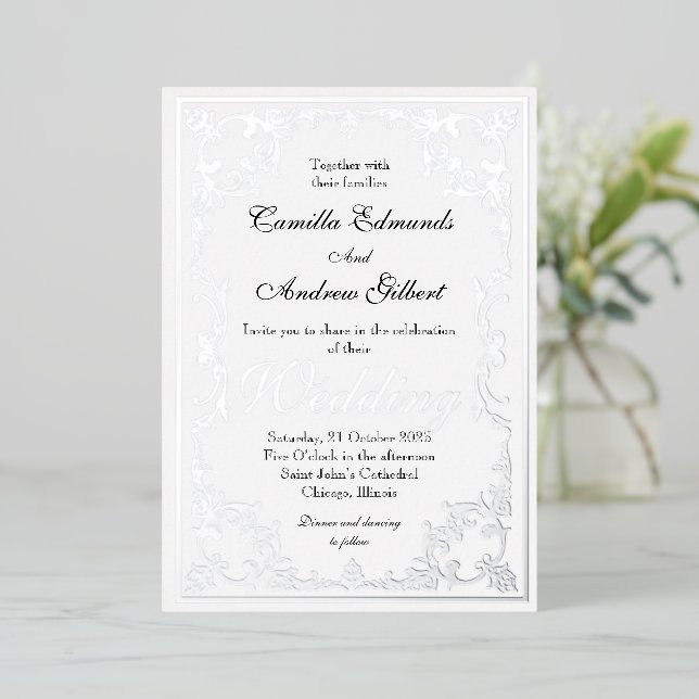 Invitation En Aluminium Elégant Argent Ornate FLourish Mariage frontière (Debout devant)