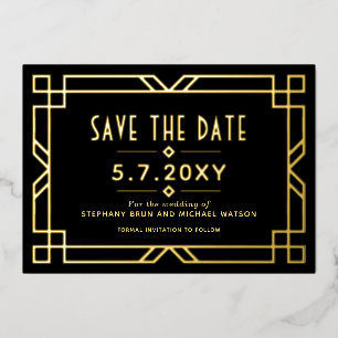 Invitation En Aluminium Elégant Art Déco Enregistrer la date Black Gold Ca