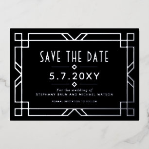 Invitation En Aluminium Elégant Art Déco Enregistrer la date Black Silver