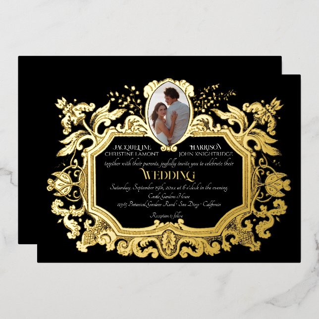 Invitation En Aluminium Elégant Art Nouveau Hiver Noir n Or Mariage (Recto/Verso)
