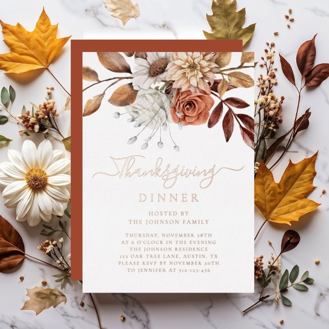 Invitation En Aluminium Élégant automne Floral Thanksgiving Dîner Rose Gol (Elegant Fall Floral Thanksgiving Dinner Rose Gold Foil Invitation)