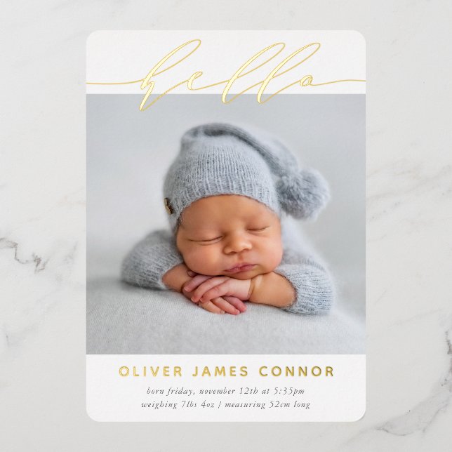 Invitation En Aluminium ELEGANT BABY PHOTO moderne hello calligraphie haut (Recto)