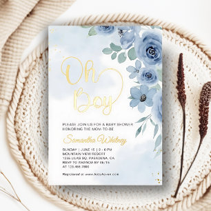 Invitation En Aluminium Elégant Baby shower Blue Floral Gold Boy