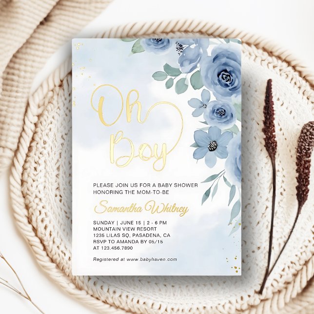 Invitation En Aluminium Elégant Baby shower Blue Floral Gold Boy (Créateur téléchargé)