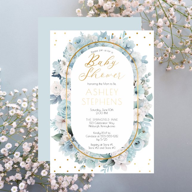 Invitation En Aluminium Elégant Baby shower Floral Bleu et Blanc (Elegant Blue and White Floral Gold Foil Boy Baby Shower Invitation)