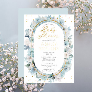 Invitation En Aluminium Elégant Baby shower Floral Bleu et Blanc