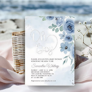 Invitation En Aluminium Elégant Baby shower Floral Silver Boy Bleu