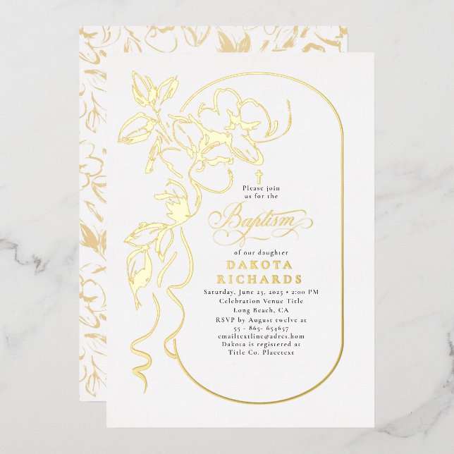 Invitation En Aluminium Élégant Baptême Floral Or (Recto/Verso)