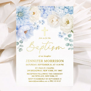 Invitation En Aluminium Élégant Baptême Garçon Dusty Blue Floral Or Vérita