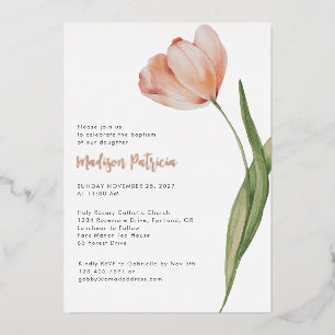 Invitation En Aluminium Élégant Baptême Peach Floral Tulip Rose Gold