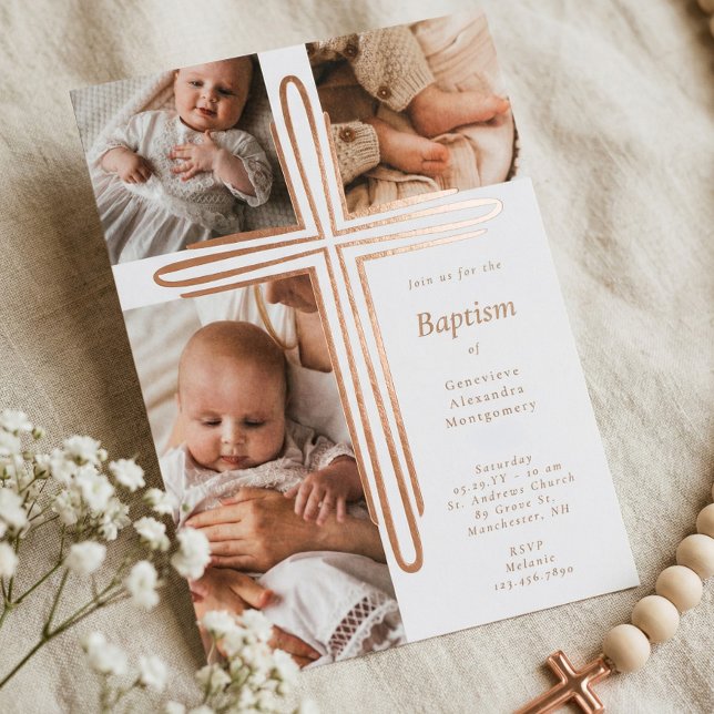 Invitation En Aluminium Elegant Baptism Christening Religious Photo Cross (Elegant Baptism Christening Religious Photo Cross Foil Invitation)
