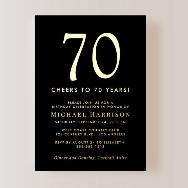 Invitation En Aluminium Elegant Black 70th Birthday Party Gold (Créateur téléchargé)
