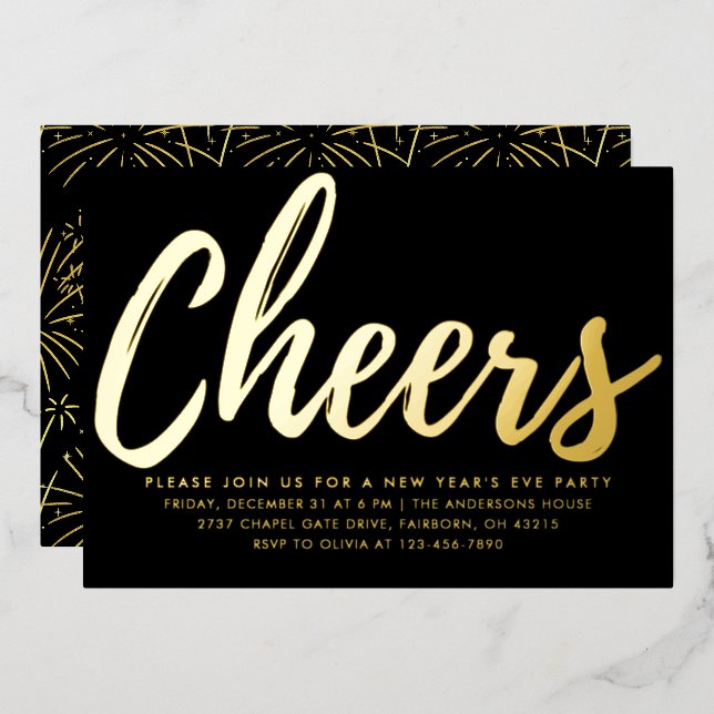 Invitation En Aluminium Elegant Black and Gold New Year's Eve Party  (Recto/Verso)