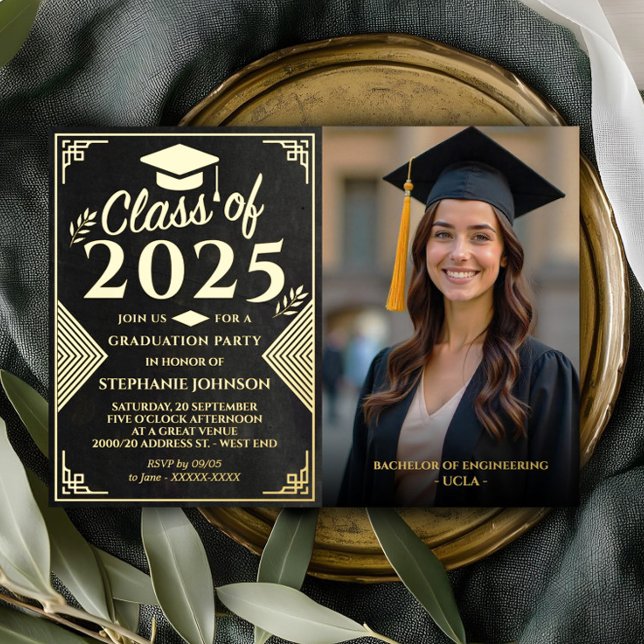 Invitation En Aluminium Elégant Black and Gold Photo Party Graduation (Celebrate your graduate in style with this sophisticated black and gold invitation. )