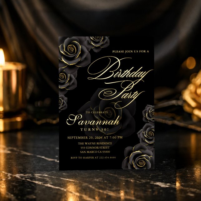 Invitation En Aluminium Elegant Black and Gold Rose Birthday  (Créateur téléchargé)