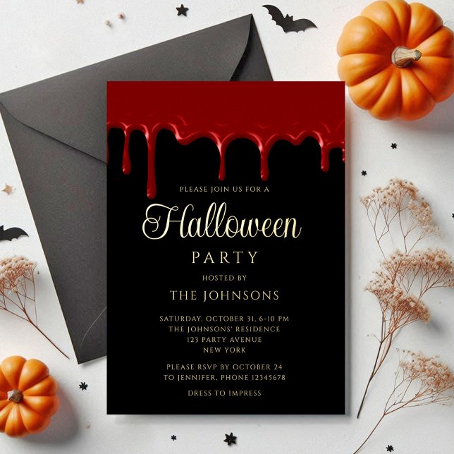 Invitation En Aluminium Elégant Black Blood Driving Halloween Gold (Elegant Black Blood Dripping Halloween Gold Foil Invitation)