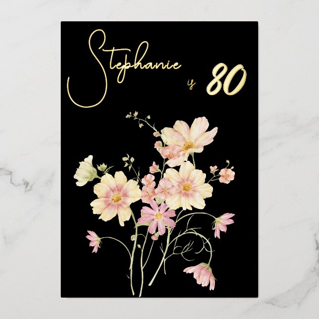 Invitation En Aluminium Elegant Black Blush Floral 80th Birthday Rose Gold (Recto)