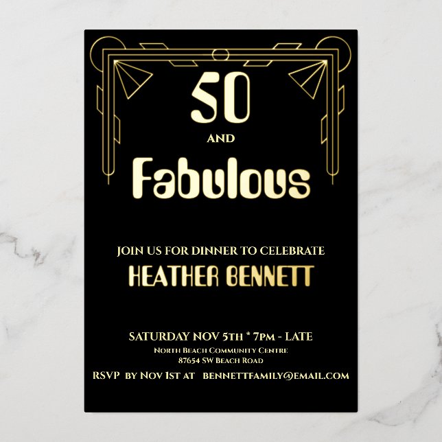 Invitation En Aluminium Elegant Black Foil Art Deco 50 Fabulous Birthday (Recto)