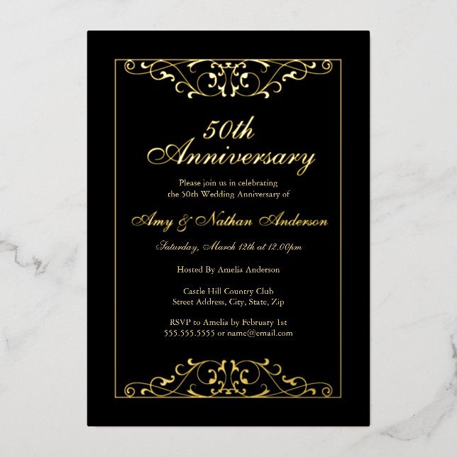 Invitation En Aluminium Élégant Black Gold 50e anniversaire Mariage (Recto)
