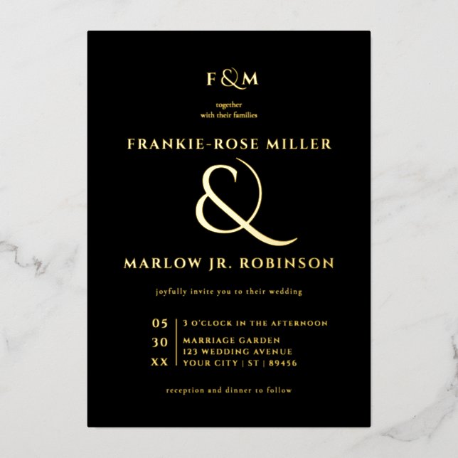 Invitation En Aluminium Elégant Black Gold Ampersand Moderne Luxe Mariage (Recto)