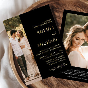 Invitation En Aluminium Élégant Black Gold Foil Deux photo Mariage de code
