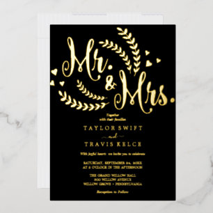 Invitation En Aluminium Elégant Black & Gold Foil Mr & Mrs Mariage