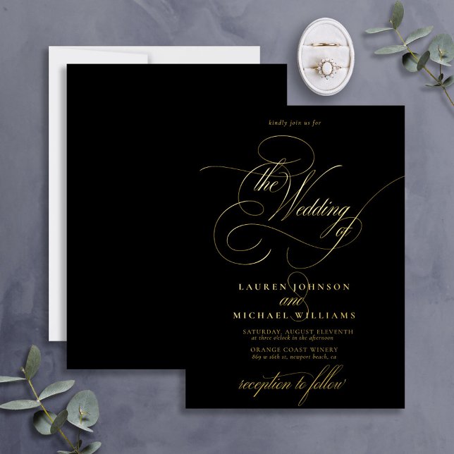Invitation En Aluminium Elégant Black Gold Moderne Calligraphie Mariage Fo (Créateur téléchargé)
