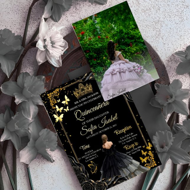 Invitation En Aluminium Elegant Black Gold Photo Quinceañera Invite (Créateur téléchargé)
