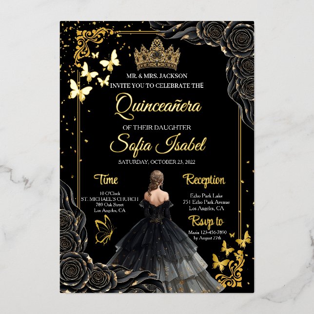 Invitation En Aluminium Elegant Black Gold Quinceañera Invite Foil (Recto)