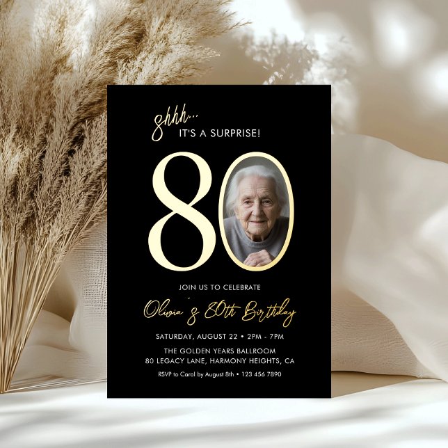 Invitation En Aluminium Elegant Black Gold Surprise 80th Birthday Photo (Créateur téléchargé)