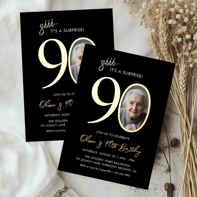 Invitation En Aluminium Elegant Black Gold Surprise 90th Birthday Photo (Créateur téléchargé)