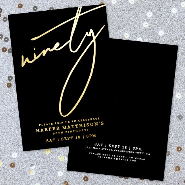 Invitation En Aluminium Elegant Black Ninety 90th Birthday Gold (Elegant Black Ninety 90th Birthday Gold Foil Invitation)