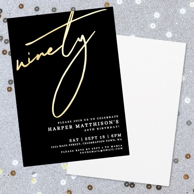 Invitation En Aluminium Elegant Black Ninety 90th Birthday Gold (Elegant Black Ninety 90th Birthday Gold Foil Invitation)