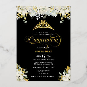 Invitation En Aluminium Elégant Black Quinceañera Floral Gold