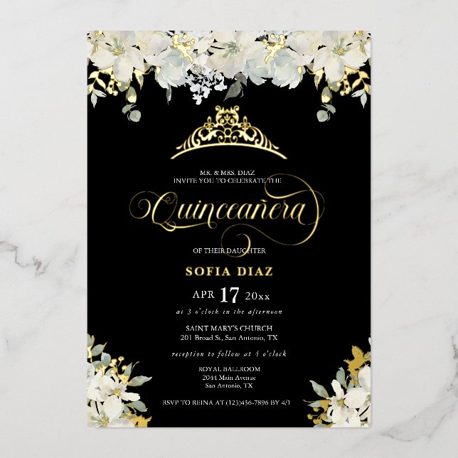 Invitation En Aluminium Elégant Black Quinceañera Floral Gold (Recto)