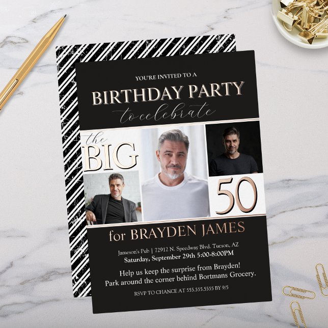 Invitation En Aluminium Elégant Black Rose Gold 50e anniversaire Invitatio (Elegant rose gold and black 3 photo collage birthday party invitation for 50th 60th 70th party)