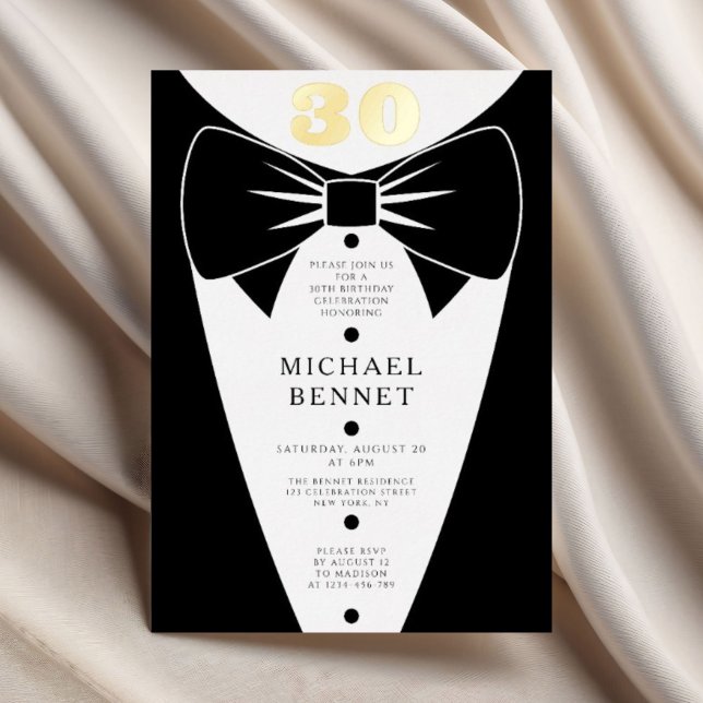 Invitation En Aluminium Elegant Black Tuxedo 30th Birthday Gold Foil (Elegant Black Tuxedo 30th Birthday Gold Foil Foil Invitation)