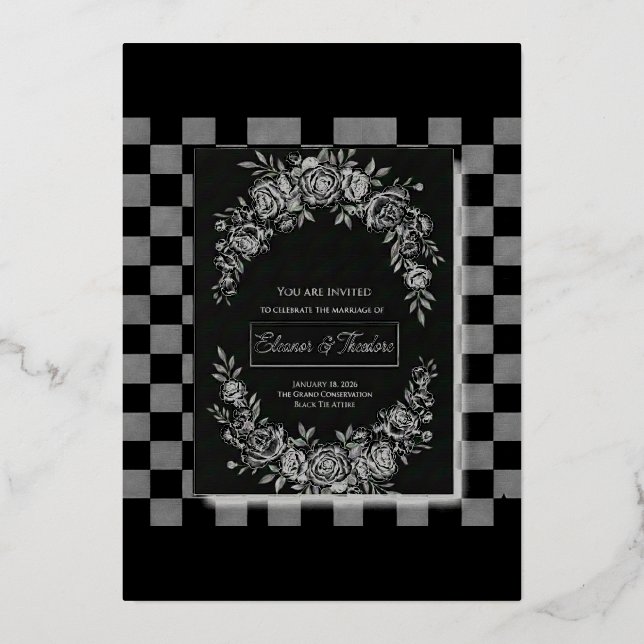 Invitation En Aluminium Elegant Black & White Cascading Floral Wedding (Recto)