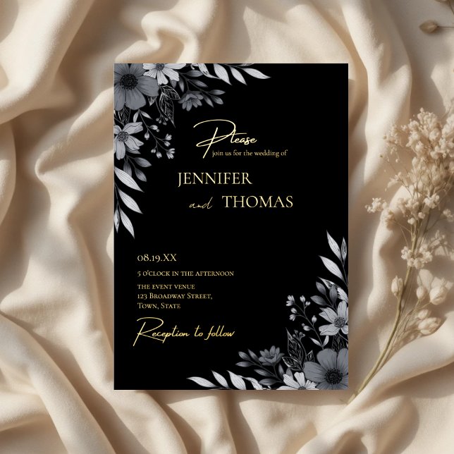 Invitation En Aluminium Elegant Black & White Floral Hand-Drawn Wedding (Elegant Black & White Floral Hand-Drawn Wedding Foil Invitation)
