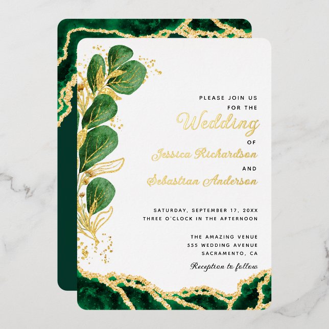 Invitation En Aluminium Élégant Blanc Emerald Green & Gold Mariage (Recto/Verso)