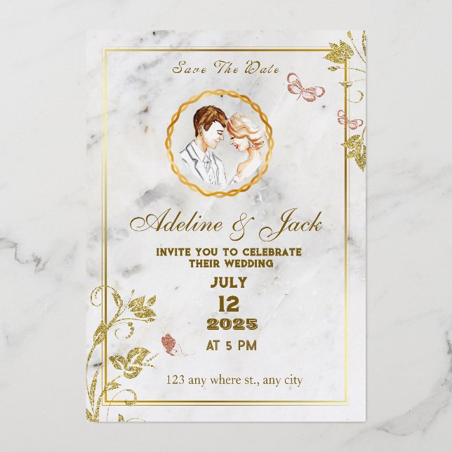 Invitation En Aluminium Elégant blanc et or (Recto)