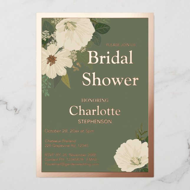 Invitation En Aluminium Elégant blanc Fleurs Fête des mariées vert (Recto)