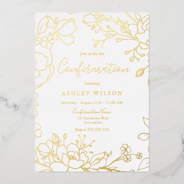 Invitation En Aluminium Élégant Blanc Moderne Confirmation Or Réel Doré (Recto)