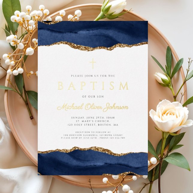Invitation En Aluminium Elégant Bleu Agate Garçon Baptême Or (Elegant Blue Agate Boy Baptism Gold Foil Invitation)