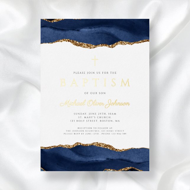 Invitation En Aluminium Elégant Bleu Agate Garçon Baptême Or (Elegant Blue Agate Boy Baptism Gold Foil Invitation)