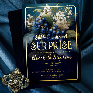 Invitation En Aluminium Elégant Bleu Baroque Floral Surprise 30e anniversa