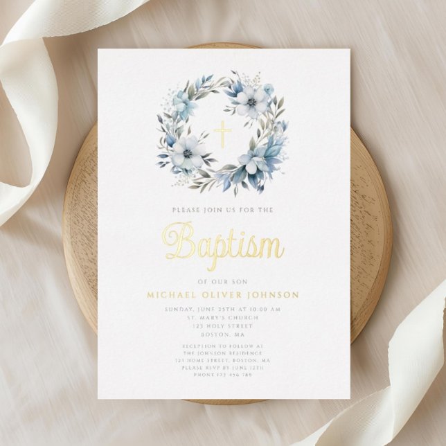 Invitation En Aluminium Élégant bleu Floral Cross Boy Baptism garçon (Elegant Blue Floral Cross Boy Baptism Foil Invitation)