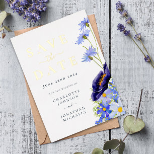 Invitation En Aluminium Élégant Bleu Floral Mariage Économisez La Date Or
