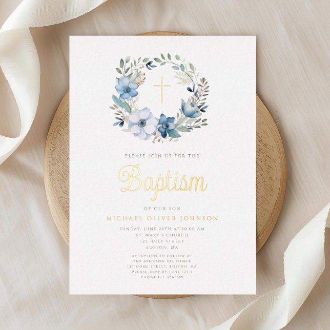 Invitation En Aluminium Élégant Bleu Floral Religieux Garçon Baptême (Elegant Blue Floral Religious Boy Baptism Foil Invitation)